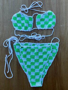 FRANKIES BIKINIS ELIZA CROCHET HALTER TOP sz S and Bottom sz M Women’s Check